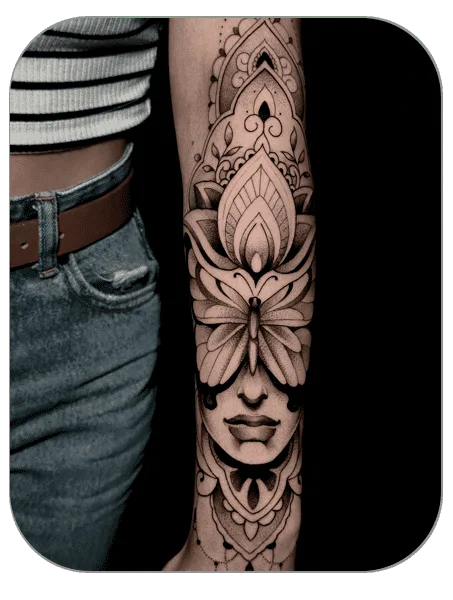 Tatuaje cara con mariposa ornamental estilo BlackWork hecho por Marc en The last gallery tattoo Mollet del Vallès, Barcelona