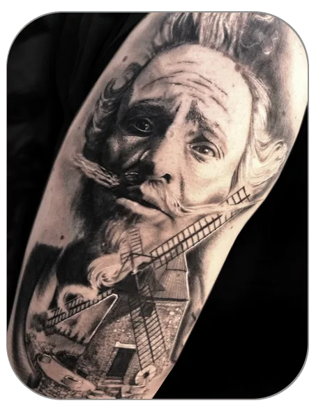 tatuaje de Don Quijote en brazo hecho por Noe en The last gallery tattoo studio en Mollet del Vallés , Barcelona
