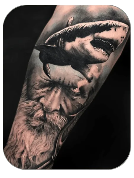 tatuaje de Zeus y tiburón en brazo hecho por Noe en The last gallery tattoo studio en Mollet del Vallés , Barcelona